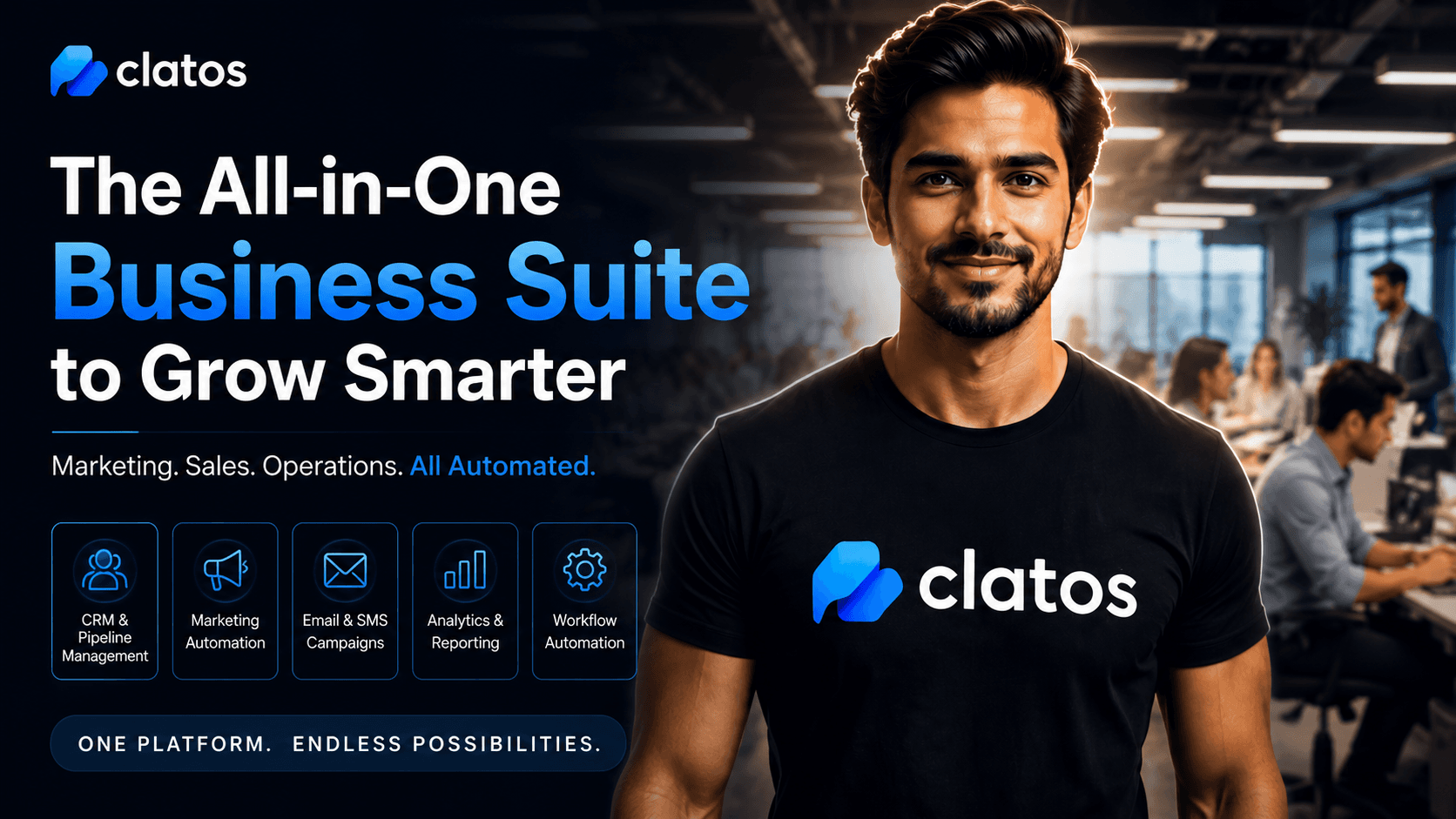 Clatos key art: The All-in-One Business Suite to Grow Smarter — marketing, sales and operations, all automated.