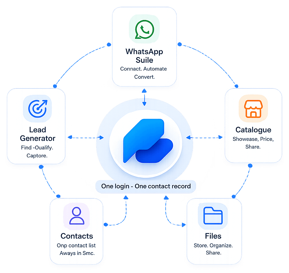 How the 5 Clatos apps connect: Lead Generator, WhatsApp Suite, Catalogue, Contacts and Files all wired to one login and one contact record.
